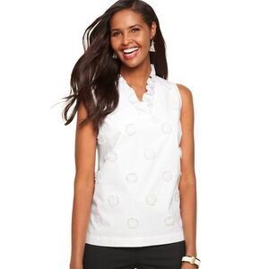 Talbots Women's White Cotton Ruffle Neck Sleeveless Embroidered Top